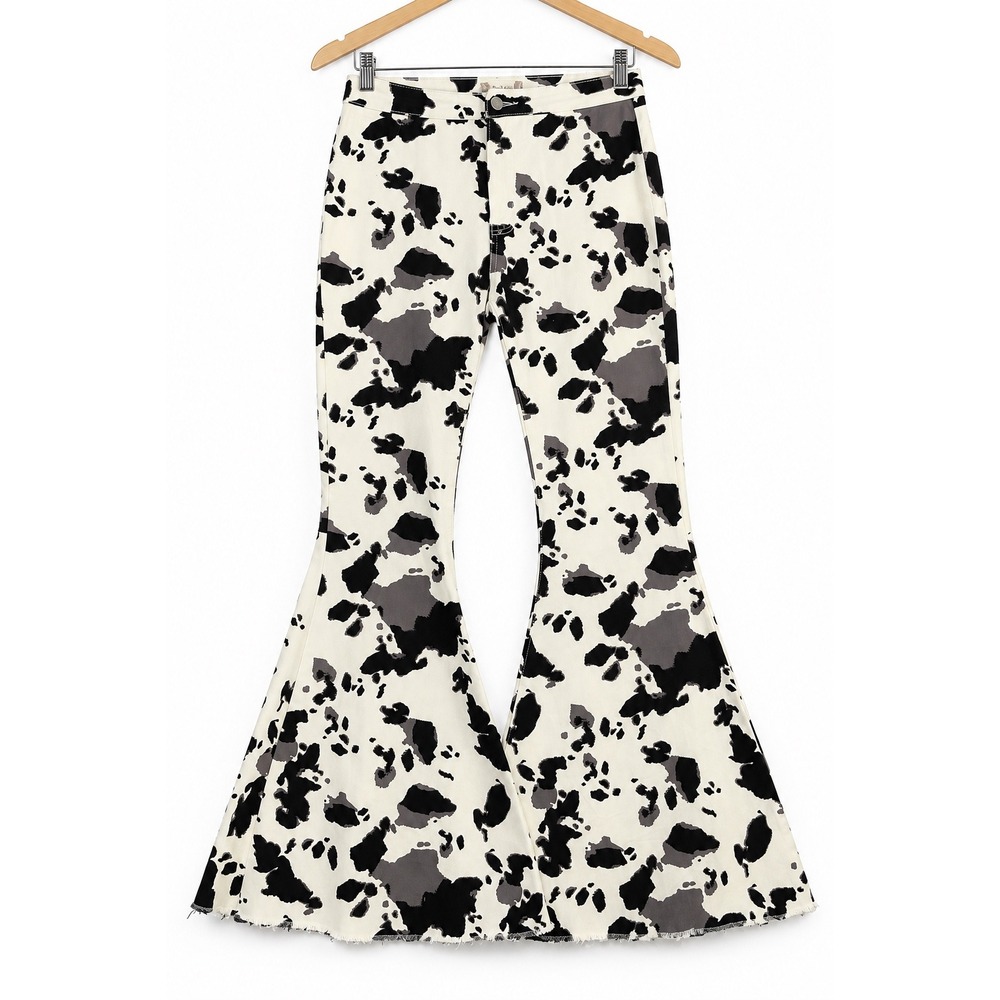 Wild Fable Women Cow Print High Rise Flare Bell Bottom Jeans Black Grey White